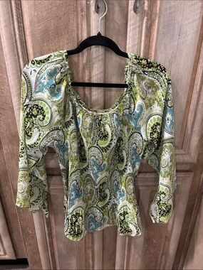 Cato Green Paisley Peasant Top with Aqua Accents